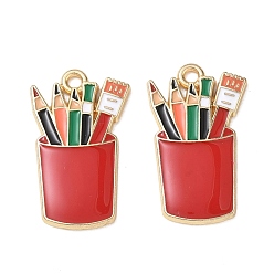 Red Alloy with Enamel Pendants, Pencil Holder Charms, Cadmium Free & Nickel Free & Lead Free, Golden, Red, 25.5x15x2mm, Hole: 1.8mm