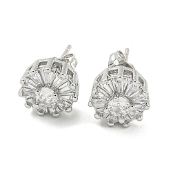 Platinum Brass Micro Pave Cubic Zirconia Ear Studs, Flat Round, Platinum, 11mm