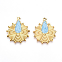 Светло-Голубой 304 подвески из нержавеющей стали, с эмалью, плоские круглые и каплевидные подвески, ионное покрытие (ip), реальный 18 k позолоченный, Небесно-голубой, 29x24x1.5 мм, отверстие : 1.5 мм