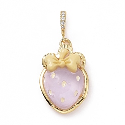 Сливовый Непрозрачные подвески смолы, клубничное очарование, с латунным микропаве, фурнитура из прозрачного кубического циркония, без кадмия и без свинца, реальный 18 k позолоченный, слива, 27.5x19.5x10 мм, отверстие : 4.5x7 мм