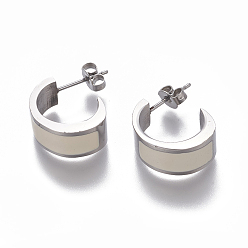 White 304 Stainless Steel Stud Earrings, Half Hoop Earrings, with Enamel and Ear Nuts, Stainless Steel Color, White, 17x7.5x12.5mm, Pin: 0.9mm