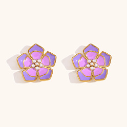 Фиолетовый 304 серьги из нержавеющей стали эмаль, цветок, фиолетовые, 20 мм