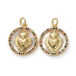Разноцветный Золотой тон латунные микро проложить кубического циркония кулоны, с оболочкой и кольцами для прыжков, плоско-круглые с сердцем, красочный, 17.5x15.5x3 мм, отверстие : 3.3 мм