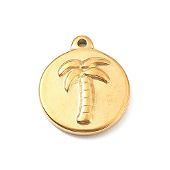 Настоящее золото 18K 304 подвески из нержавеющей стали, плоский круглый с подвеской из кокосовой пальмы, реальный 18 k позолоченный, 16.5x14x2.5 мм, отверстие : 1.4 мм