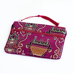 Rouge Violet Moyen Pochettes d'emballage de bijoux en satin à motif de fleurs de style chinois, sacs cadeaux avec fermeture éclair et breloque pompon, rectangle, support violet rouge, 11x17.5 cm