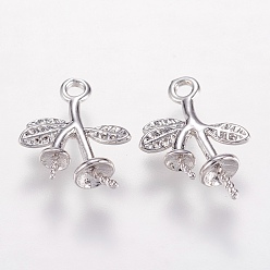 Platinum Brass Peg Bails Pendants, For Half Drilled Beads, Leaf, Platinum, 11x9.5x3.5mm, Hole: 1mm, Pin: 0.5mm and 0.8mm, Tray: 2mm and 3mm