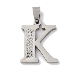 Letter K 201 подвески из нержавеющей стали, со стразами, буквы, Письмо K, 27x21x2 мм, отверстие : 6x3 мм