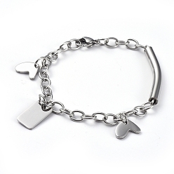 Stainless Steel Color Tarnish Resistant 304 Stainless Steel Charm Bracelets, with Cable Chains and Lobster Claw Clasps, Heart & Rectangle, Stainless Steel Color, 7-7/8 inch(20cm)