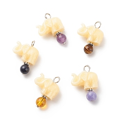 Platinum Opaque Resin and Natural Mixed Stone Pendants, with Iron and Alloy Findings, Elephant Charm with Round, Platinum, 23x17x8mm, Hole: 3mm