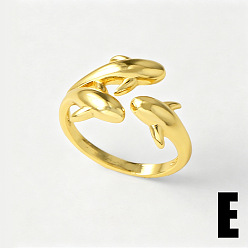 Dolphin Ocean Brass Cuff Open Rings, Golden, Dolphin, 17mm