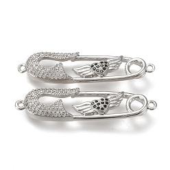 Real Platinum Plated Brass Micro Pave Cubic Zirconia Links Connectors, Safety Pin Shape with Flying Heart, Black & Clear, Real Platinum Plated, 39.5x10x3.5mm, Hole: 1.4mm