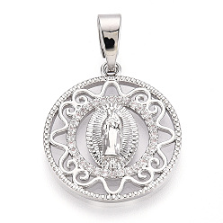Платина Латунные микропаве прозрачные подвески с фианитом, без кадмия и без свинца, плоский круглый с Иисусом Марией католический, платина, 24.5x21.5x3.5 мм, отверстие : 8x4.5 мм
