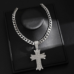 Cross Ожерелья с кубинской цепочкой в стиле хип-хоп из цинкового сплава с кристаллами и стразами, серебряный цвет гальваническим, крестик, 23.62 дюйм (60 см), Кулон : 88x47 мм