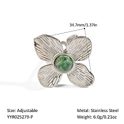 Нержавеющая Сталь Цвет 304 женские кольца-манжеты из нержавеющей стали с натуральными драгоценными камнями, цветок, цвет нержавеющей стали, 34.7 мм, внутренний диаметр: регулируемый