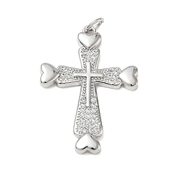 Platine Pendentifs en laiton zircon cubique transparent, croix avec des charmes de coeur, sans cadmium et sans plomb, crémaillère plaquage, plaqué longue durée, platine, 32x22x2.5mm, Trou: 3.5mm