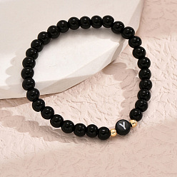 Letter Y Браслеты из литой смолы с круглыми бусинами, плоские круглые с буквы, чёрные, золотые, Письмо Y, 7-1/8 дюйм (18 см)