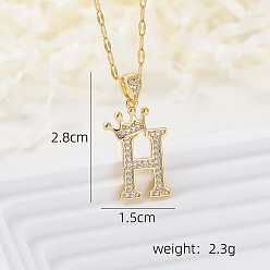 Letter H Латунные микропаве прозрачные кубические цирконии корона инициал кулон ожерелья, реальный 18 k позолоченный, Письмо ч, 15.75 дюйм (40 см)