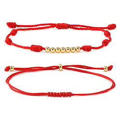 Красный 2шт. 2 стили плетеных браслетов из круглых латунных бусин, плетеные браслеты из полиэфирного шнура для женщин, красные, 11.02 дюйм (28 см)