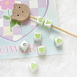 Светло-зеленый Бусины из эмалированного сплава цвета макарон, Куб с сердцем, светло-зеленый, 7x7 мм, отверстие : 2.7 мм