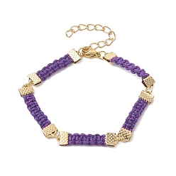 Indigo Braided Waxed Polyester Rectangle Link Chain Bracelets, with Real 18K Gold Plated 304 Stainless Steel Clasps, Indigo, 6-3/4 inch(17.3cm)