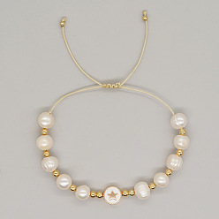 Белый Регулируемые пластиковые браслеты из искусственного жемчуга, ювелирные изделия из латуни с эмалью для женщин, плоские круглые со звездой, белые, 11.02 дюйм (28 см)