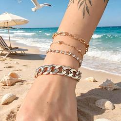 Golden Iron and Zinc Alloy Chain Multi-Strand Bracelet Sets, Stackable Bracelets with Crystal Rhinestone for Women, Golden, Golden, 7.48 inch(19cm), 4pcs/set