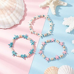 (52) Непрозрачная лаванда 3шт. синтетические бирюзовые и натуральные пресноводные ракушки, эластичные браслеты для женщин, морская звезда, разноцветные, внутренний диаметр: 2~2-1/8 дюйм (5.2~5.3 см)