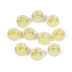 Letter P Светящиеся матовые акриловые бусины, гальваническим, плоские круглые с буквы, светится в темноте, Письмо P, 10x5 мм, отверстие : 2 мм, Около 1390 шт / 500 г