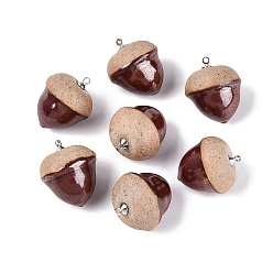Brun Saddle Pendentifs en porcelaine fait à la main, charmes gland, avec des boucles de cuivre, platine, selle marron, 23~25x19~21mm, Trou: 1.6~1.8mm