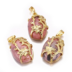 Родонит Природные подвески родонит, с фурнитурой латунной золотого тона, овальные с цветком, 32x20x9 мм, отверстие : 5x8 мм