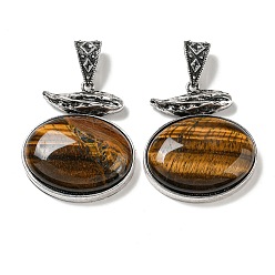 Tiger Eye Natural Tiger Eye Pendants, Antique Silver Plated Alloy Oval Charms, 47x42x13mm, Hole: 16x7mm