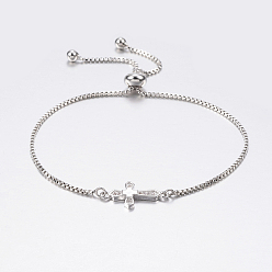 Platinum Adjustable Brass Bolo Bracelets, Slider Bracelets, with Cubic Zirconia and Box Chains, Cross, Platinum, 10-1/4 inch(260mm)