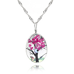 Камелия Овальное стекло с засушенным цветком подвеска из дерева жизни сплав сингапурская цепочка ожерелья, платина, камелия, 19.69 дюйм (50 см)