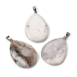 Вишневый агат Подвески из натурального белого агата в форме цветка сакуры, Подвески в форме капли с 304 защелкивающимися креплениями из нержавеющей стали, цвет нержавеющей стали, 43.5~45x29.5~30.5x6~7.5 мм, отверстие : 7.5x4.5 мм