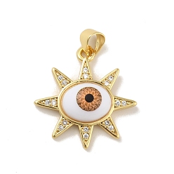 SillínMarrón Micro latón allanan colgantes cúbicos del zirconia, con acrílico, sin plomo y cadmio, larga duración plateado, real 18 k chapado en oro, sol con mal de ojo, saddle brown, 21x21.5x5 mm, agujero: 4x3.5 mm
