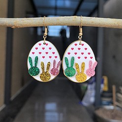 Разноцветный Пасхальные акриловые серьги-подвески, овальные с кроликом, платина, красочный, 62x32 мм