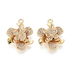 Настоящее золото 18K Латунные микропаве прозрачные подвески с фианитом, цветок, без никеля , реальный 18 k позолоченный, 22x17x6.5 мм, отверстие : 1.8 мм