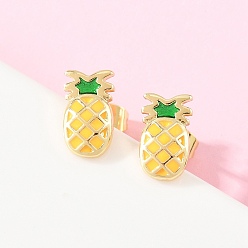 Ананас Серьги-гвоздики из латуни, стойки покрытие, без кадмия и без свинца, долговечный, золотые, ананас, 11x6.5 мм