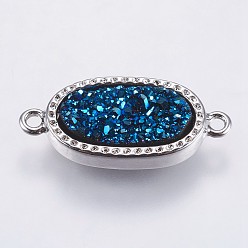 Prussian Blue Druzy Resin Links connectors, with Brass Finding, Oval, Platinum, Prussian Blue, 21x9.5x3.5~4mm, Hole: 1.5mm