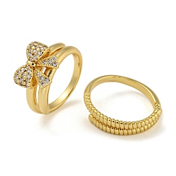 Настоящее золото 18K Двойные кольца из латуни с бантом и микро-паве с прозрачным фианитом, для женщин, без кадмия и без свинца, реальный 18 k позолоченный, внутренний диаметр: 18 мм, бант : 10.5x13.5 мм, 2 шт / комплект