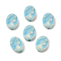 Oval Painted Opaque Acrylic Beads, Cameo Beads, Sky Blue, Oval with Lady Portrait, 17.5x13x6mm, Hole: 1.6mm