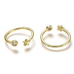 Golden Brass Micro Pave Clear Cubic Zirconia Cuff Rings, Solitaire Rings, Long-Lasting Plated, Flat Round and Star, Golden, US Size 7, Inner Diameter: 18mm