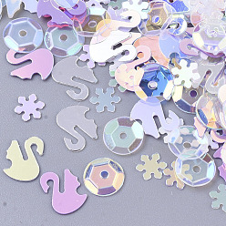 Сливовый Аксессуары для орнаментов, пластиковые пайетки / блестки из пвх, снежинка и лебедь и плоский круглый, слива, 5~8x4.5~8x0.4 мм, отверстие : 1.2 мм