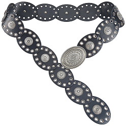 Черный Винтажные овальные пояса из сплава и искусственной кожи с монетовидными ремешками, античное серебро, чёрные, 1060x59.5 мм