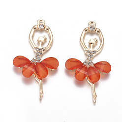 Orange Red Alloy Big Pendants, with Resin & Crystal Rhinestone, Faceted, Ballerina, Golden, Orange Red, 59~60x30~31x4.5mm, Hole: 2.5mm