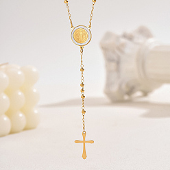 Плоский Круглый 201 Винтажный рельефный портрет из нержавеющей стали с подвеской в виде креста с кисточкой, четки для женщин, золотые, плоско-круглые, 20.67 дюйм (52.5 см)