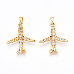Настоящее золото 18K Латунные микро проложить кубического циркония подвески, без кадмия и без свинца, прелести самолета, реальный 18 k позолоченный, 24x21x3.5~4 мм, отверстие : 3x5 мм