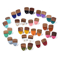 Mixed Color Resin & Walnut Wood Stud Earring Findings, with 304 Stainless Steel Pin and Hole, Two Tone, Half Oval, Mixed Color, 15x11mm, Hole: 1.8mm, Pin: 0.7mm