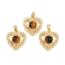 Настоящее золото 18K Природных тигровый глаз подвески, подвески в форме сердца с латунными микропаве из прозрачных кубических цирконий, реальный 18 k позолоченный, 17x16x6.5 мм, отверстие : 3.5x2.5 мм