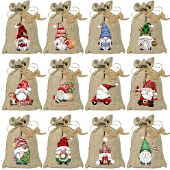 Colorful 24Pcs Christmas Linen Printed Drawstring Bags, Candy Storage Supplies, Rectangle, Colorful, 18x13cm